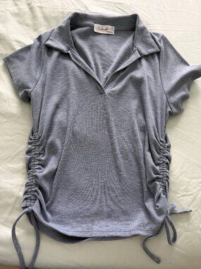 Skonhet Grey Ribbed Short Sleeve Side Ruched Polo Top